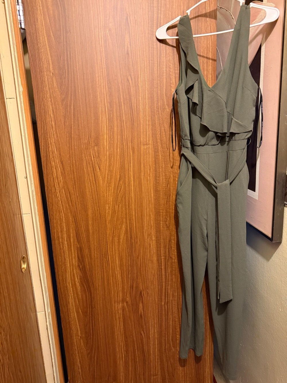 Bisou Bisou Olive Green Ruffle V-Neck Jumpsuit with Waist Tie